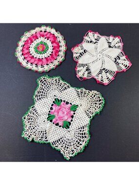 Set Of 3 Vintage Handmade Crochet Floral Pink Green Ivory Doilies